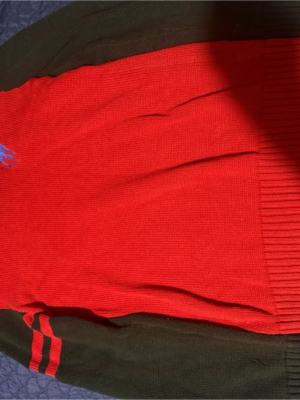 Polo red and Black Knit Sweater with Striped Sleeves